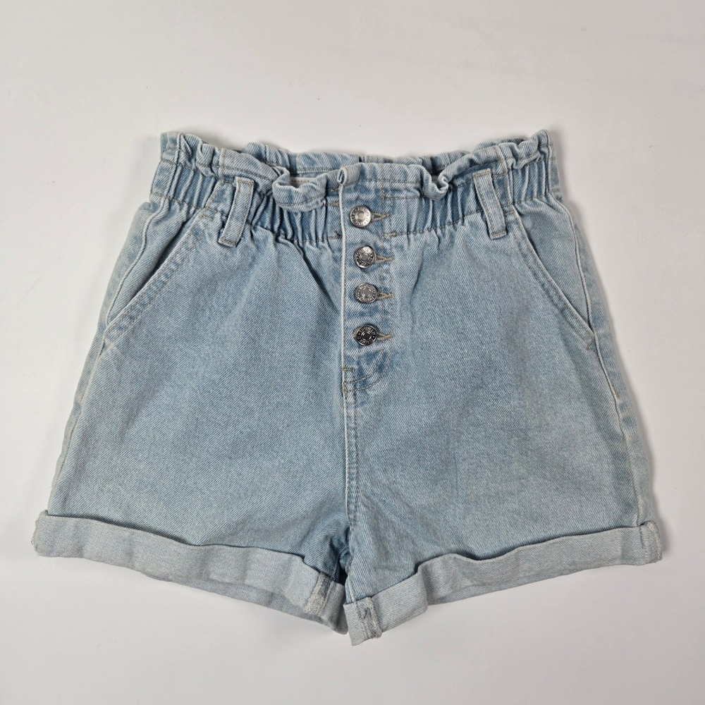 Forever 21 Kids Denim Shorts Girls 11/12 Light Blue Paperbag Waist Button Fly
